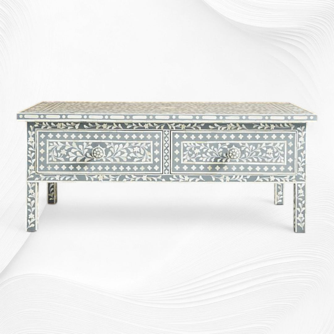 Floral Bone Inlay 2 Drawer Coffee Table Grey | Coffee Table With Inlay
