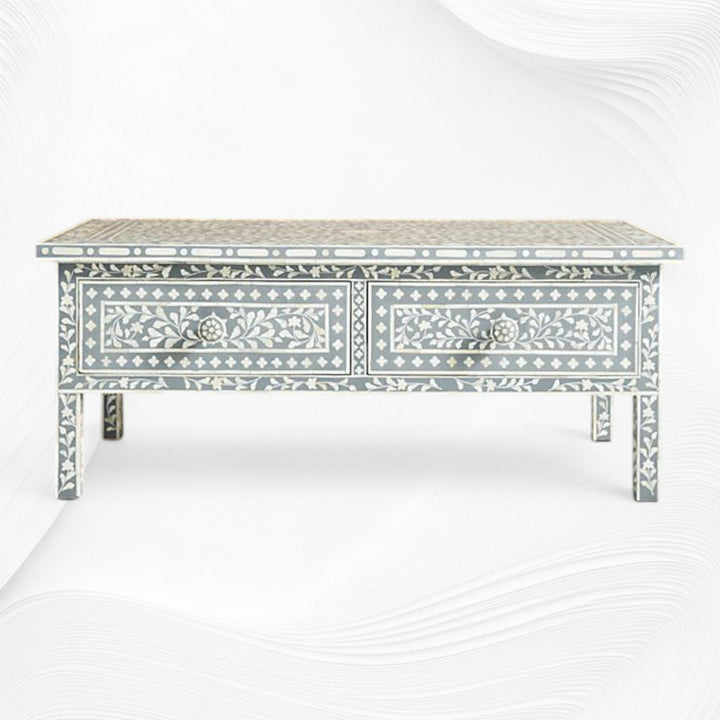 Floral Bone Inlay 2 Drawer Coffee Table Grey | Coffee Table With Inlay