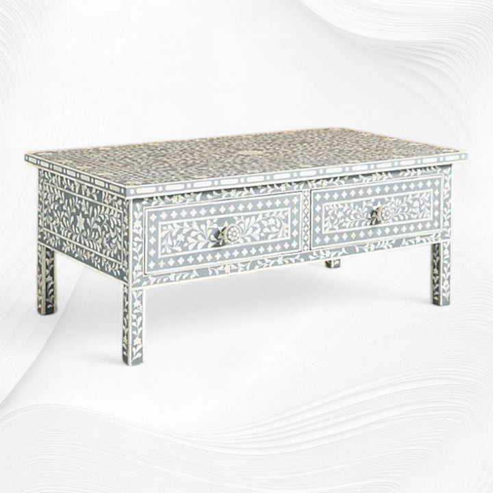 Floral Bone Inlay 2 Drawer Coffee Table Grey | Coffee Table With Inlay