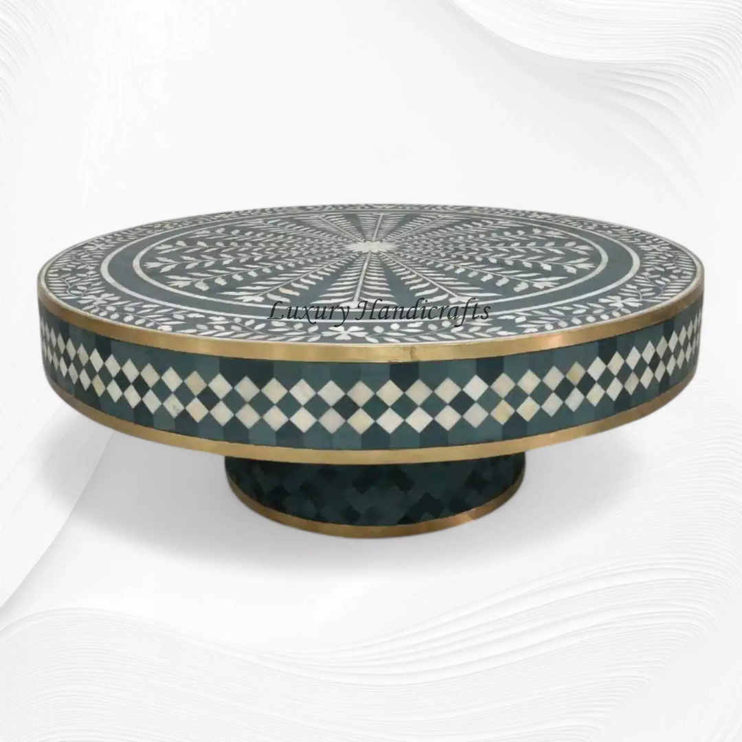 Floral Vines Bone Inlay Round Coffee Table Green