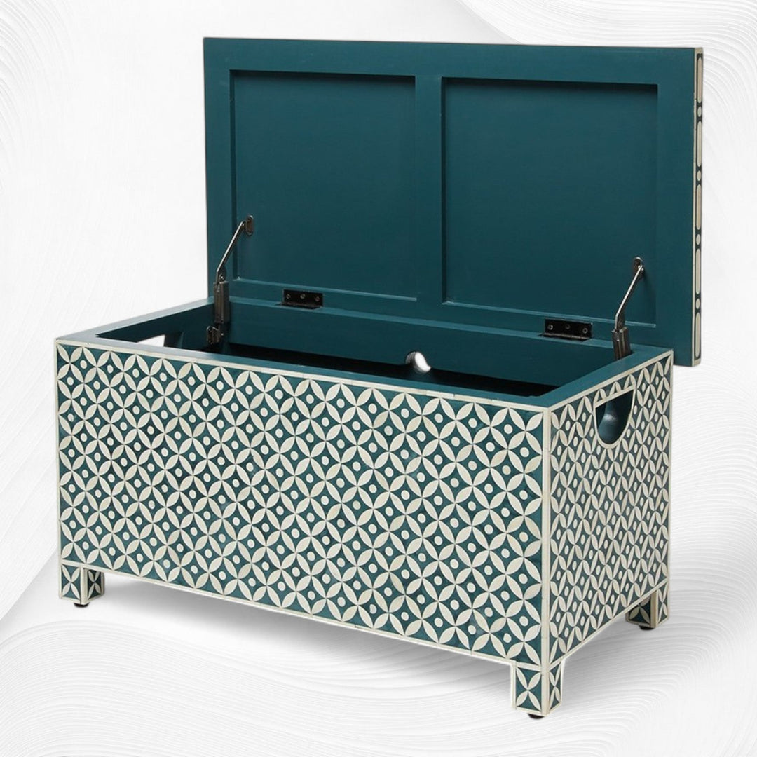 Geometric Bone Inlay Trunk Cum Coffee Table Dark Green