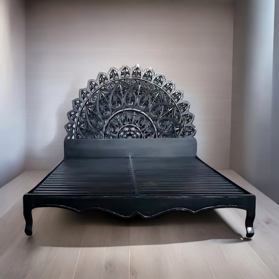 Macia hand carved mango wood traditional wooden bed design India