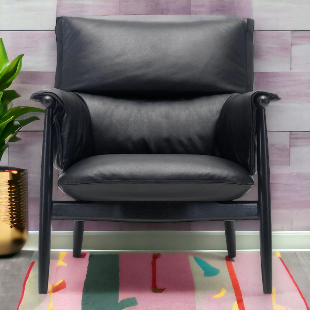 Oak Wood & Black Leather Lounge Chair with head support and arm rest