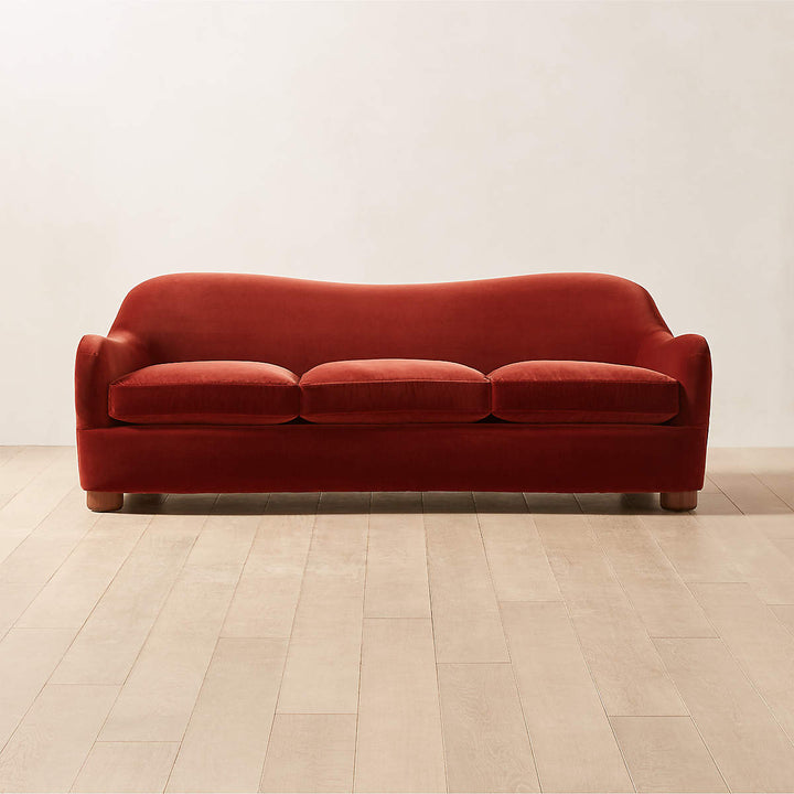 Three Seater Walnut Wood & Pitch Red Velvet Fabric Sofa in India at best price
