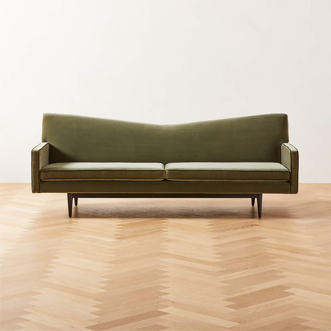 Three Seater Teak Wood tan green Velvet Fabric Sofa buy online at nismaaya decor 