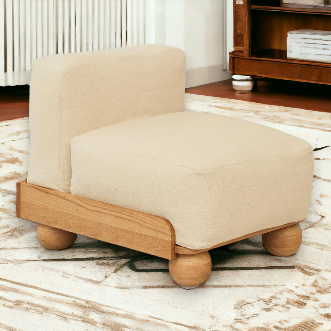Oak Wood & Boucle One Seater Sofa Skin White premium finish