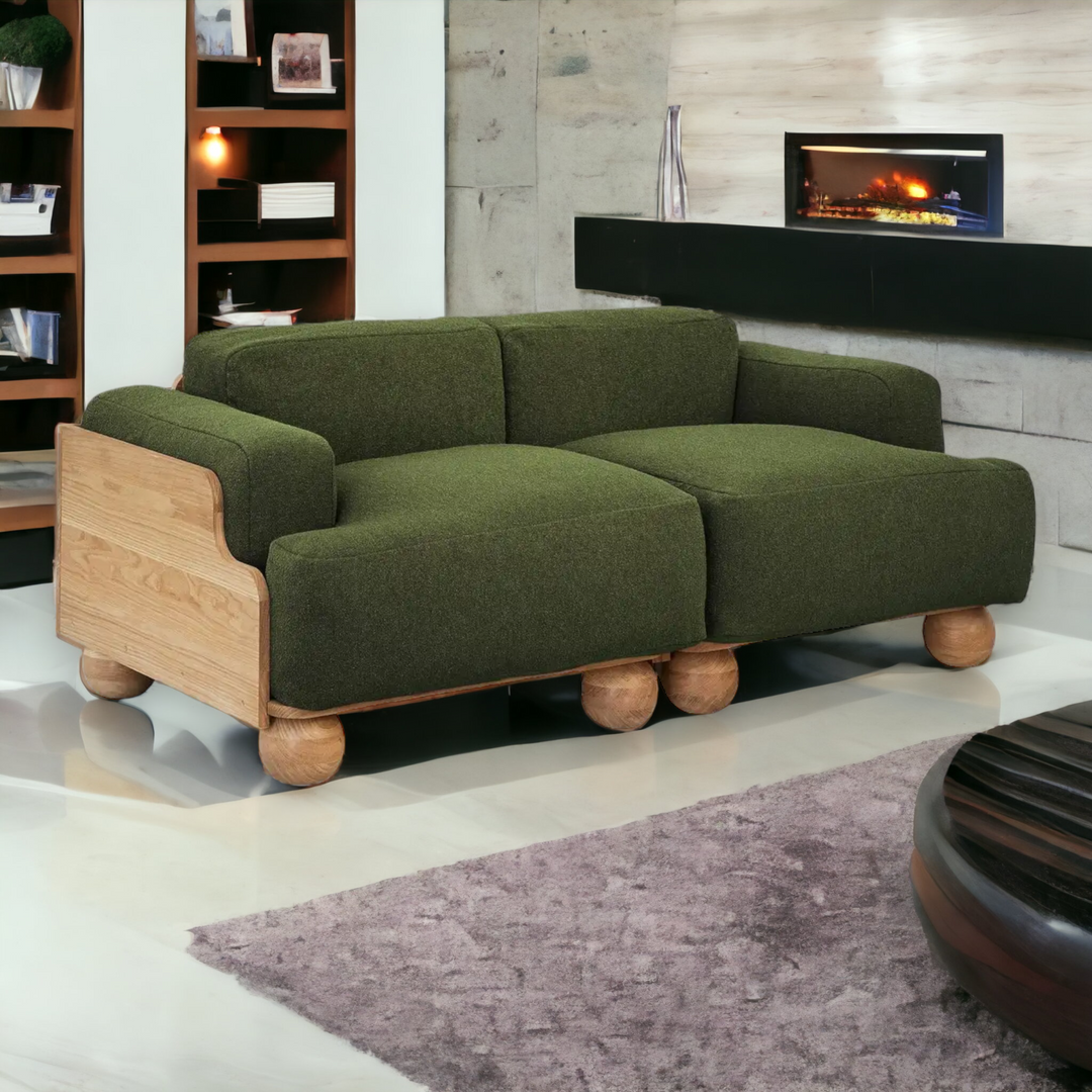 Nismaaya Batson Oak Wood 2 Seater Sofa Green 1