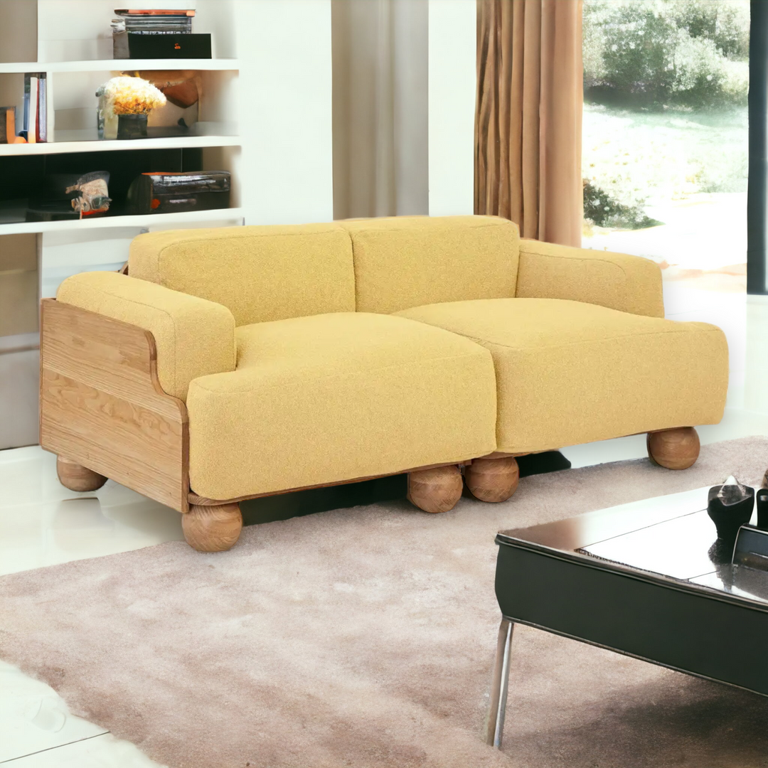 Batson Oak Wood 2 Seater Sofa Yellow