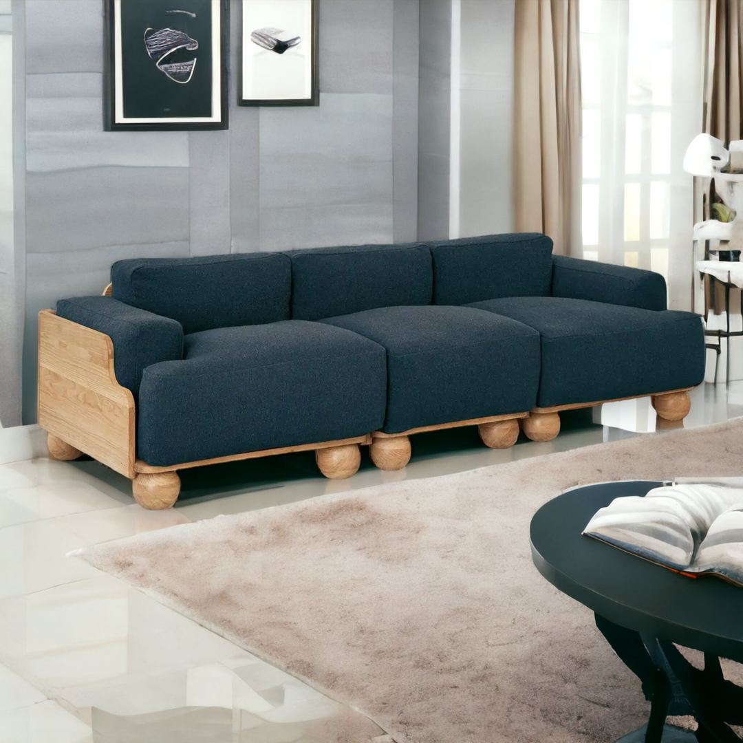 Nismaaya Batson Oak Wood 3 Seater Sofa Blue 1