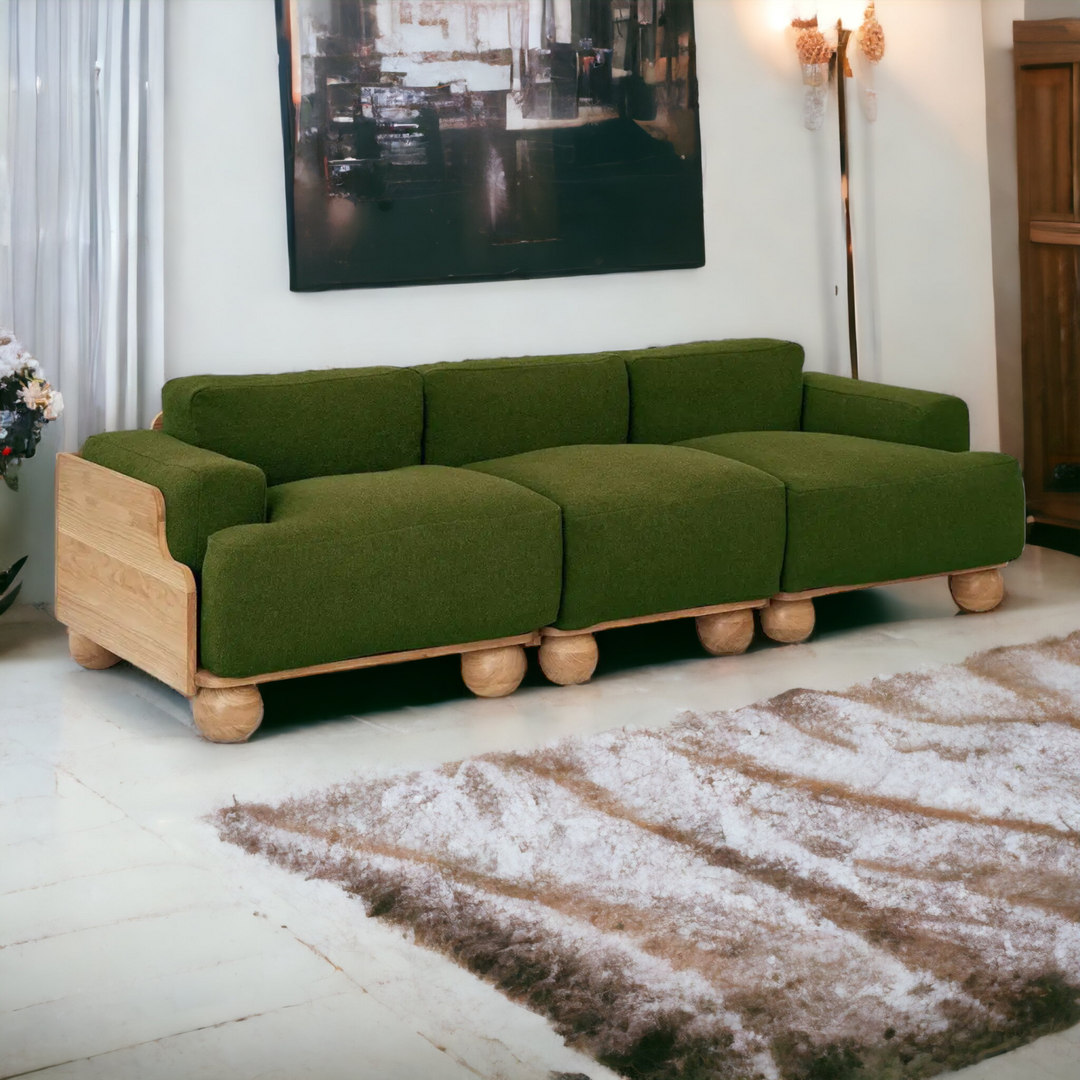 Nismaaya Batson Oak Wood 3 Seater Sofa Green 1