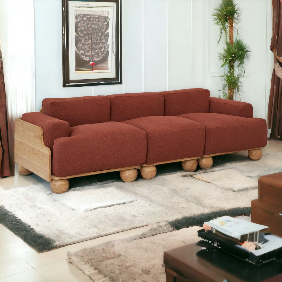 Nismaaya Batson Oak Wood 3 Seater Sofa Red 1