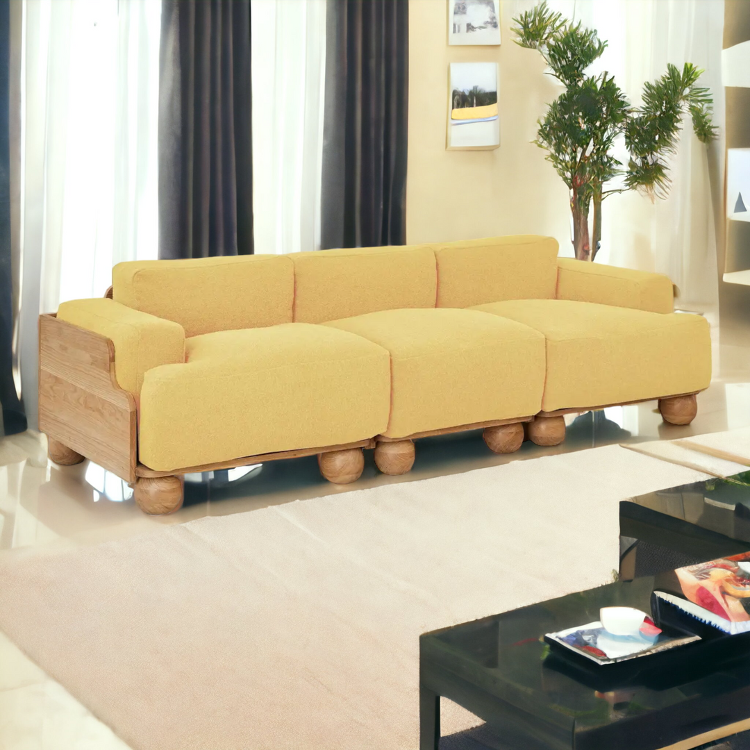 Nismaaya Batson Oak Wood 3 Seater Sofa Yellow 1