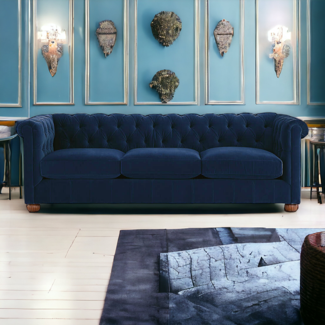Three Seater Teak Wood Blue Velvet Fabric Sofa buy online
