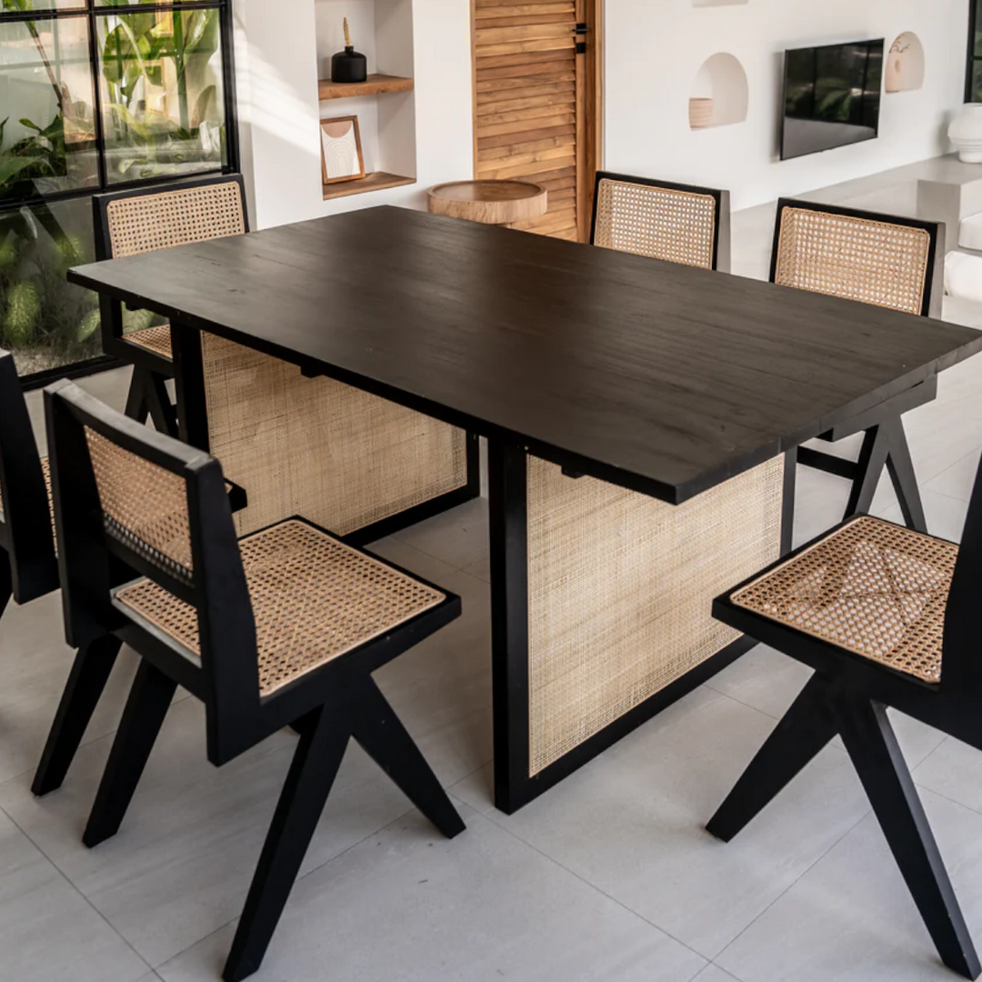 Nismaaya Six Seater Rattan Dining Table Set With Chairs  black finish 