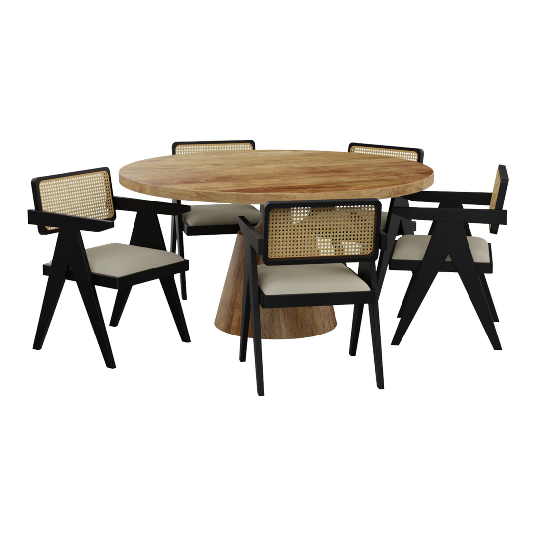 Eka Seater Sheesham Wood Dining Table Set With Rattan Chairs
