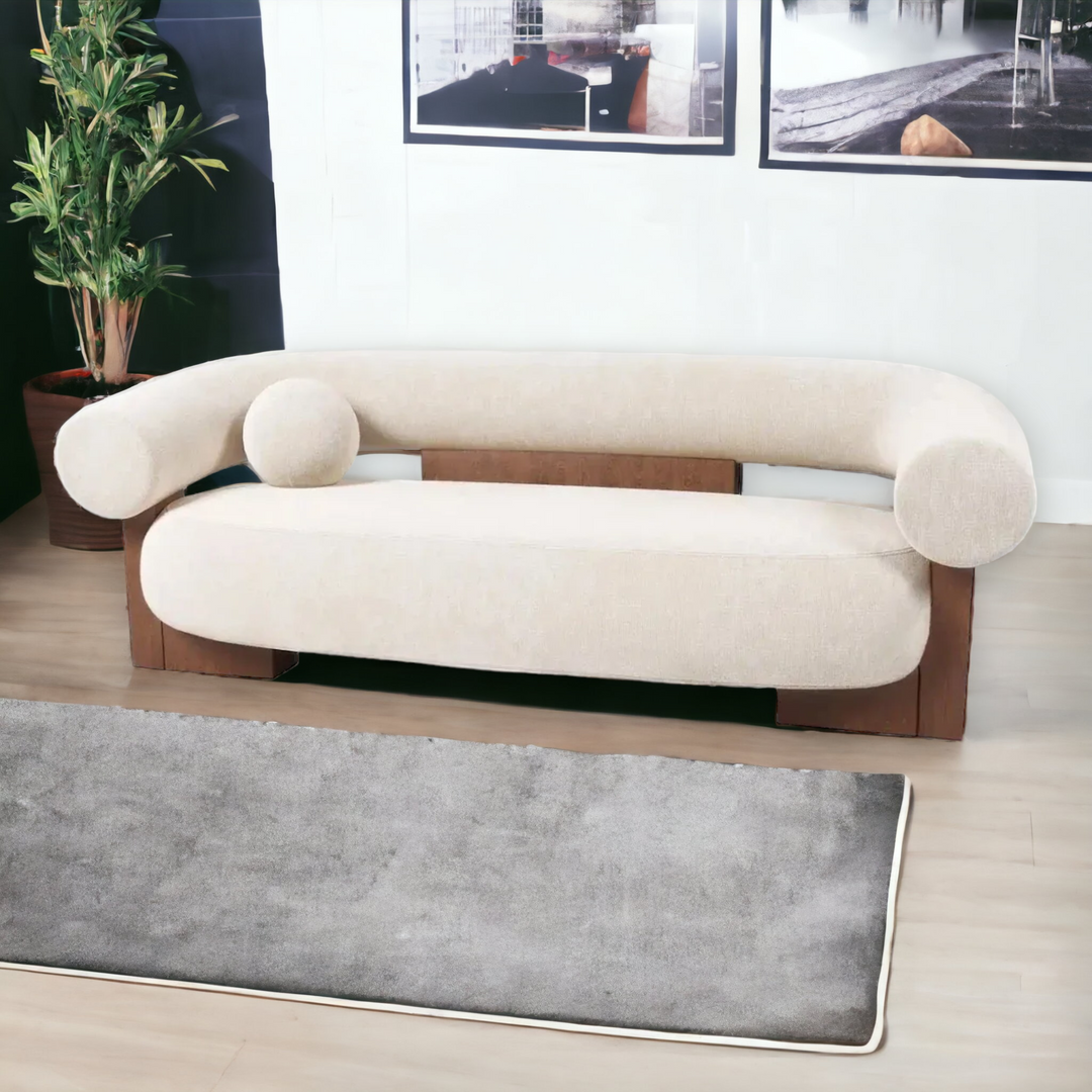 Fabrice 2 Seater Walnut Wood Sofa classic skin white