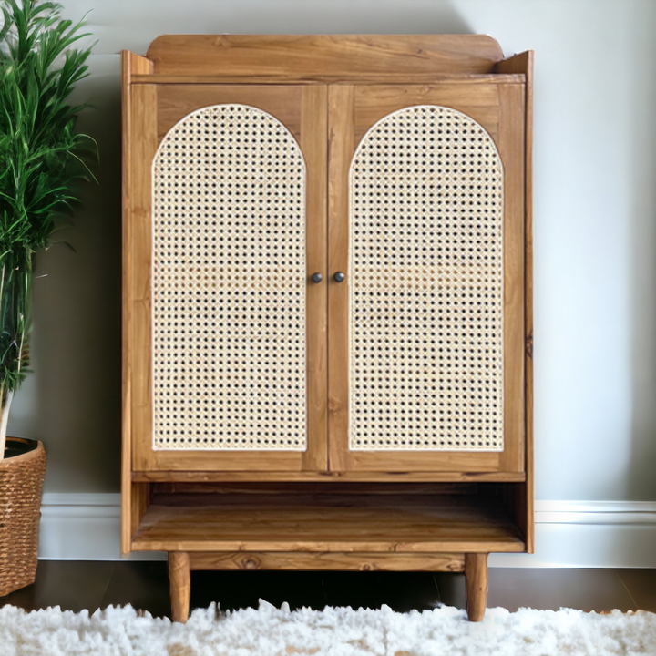 Mahsa Cane Shoe Rack Teak Wood Cane Nismaaya Decor