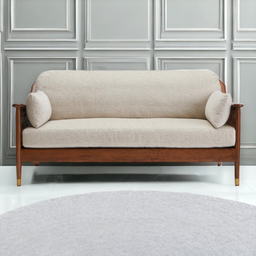 Marika 3 Seater Teak Wood & Rattan, Antique Brass Sofa – Nismaaya Decor