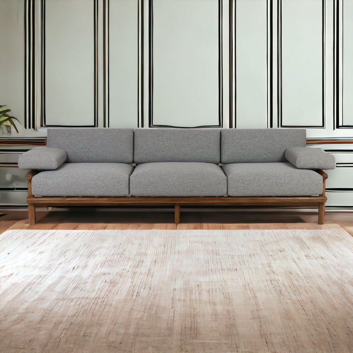 Teak Sofa with Grey Linen Fabric