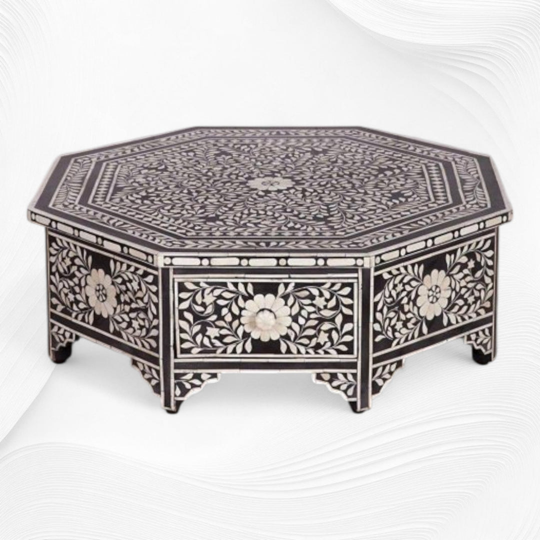 Octagonal Bone Inlay Floral Coffee Table Black With Drawer