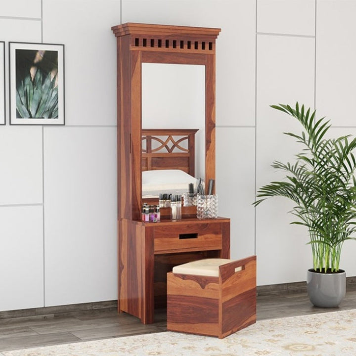 Slim Design Sheesham Wood Dressing Table with Mirror and Chair