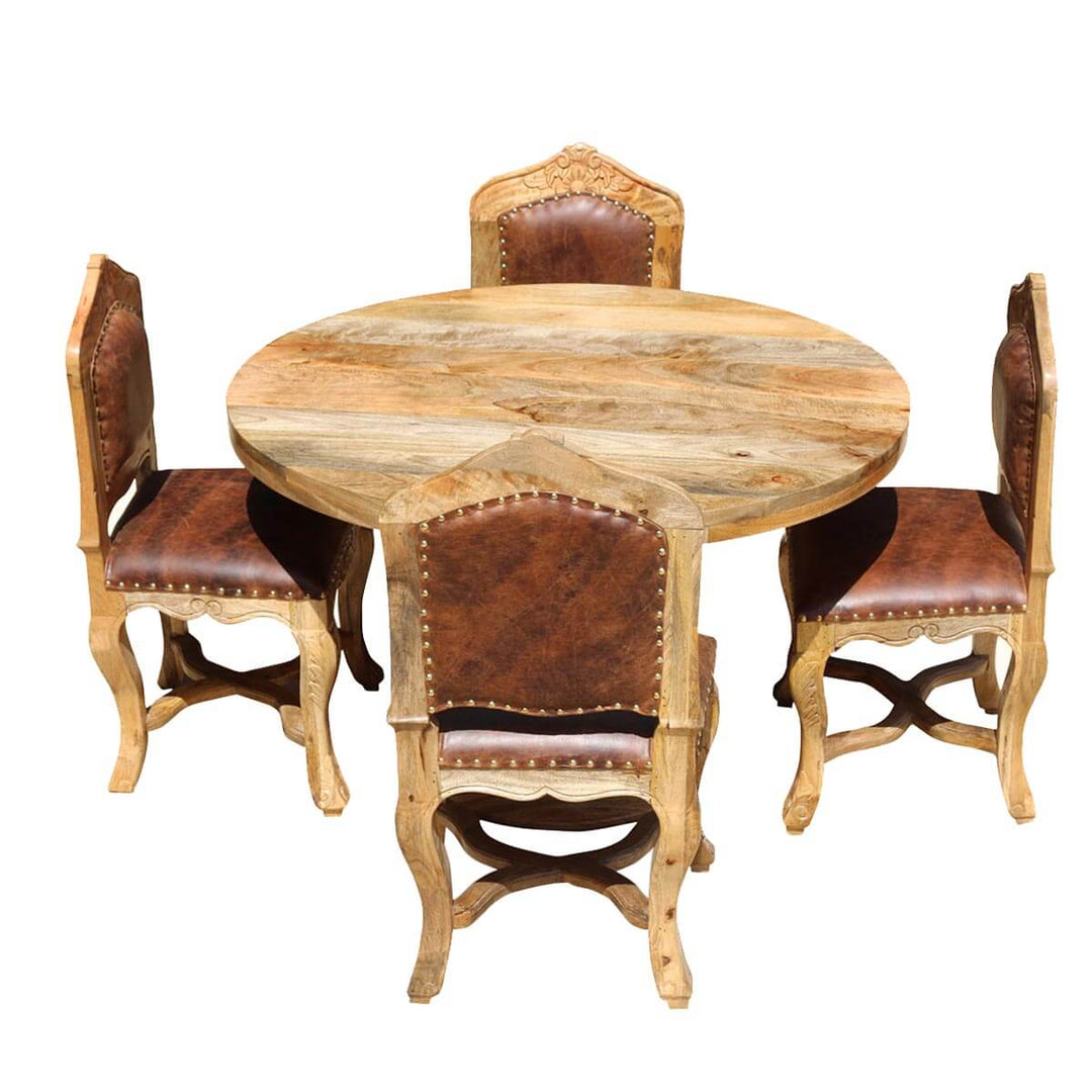 Abdon Round Dining Set For 4 - Empire Mango Wood With Upholstered 2