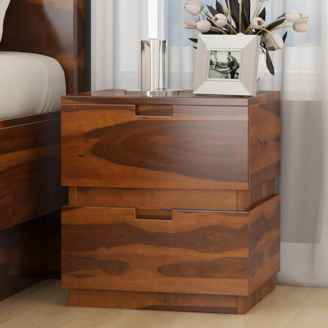 Modern Classic Box Style Solid Wood Bedside Table with Drawers with semi polished finishing buy online in India at best price