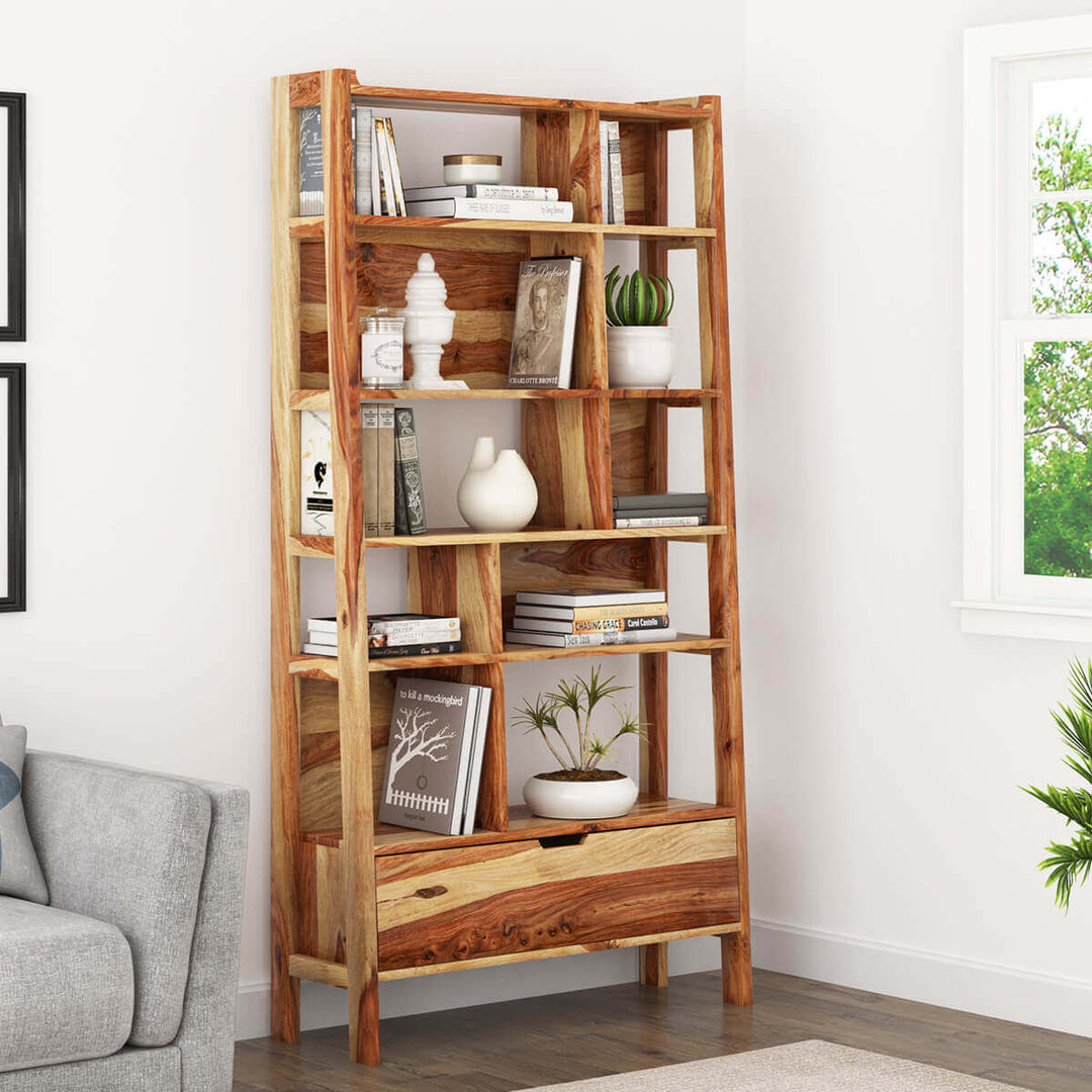 Nismaaya Admassu Solid Wood Open Shelf Leaning Ladder Bookcase with Drawer