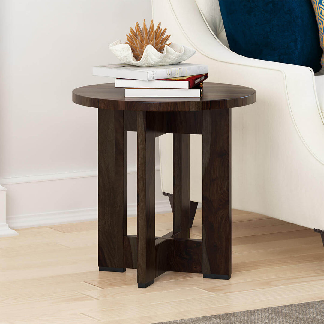 Dark Brown Solid Wood Round End Table at best price in india to buy now