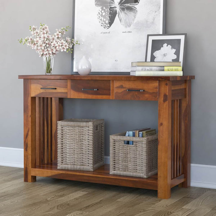 narrow console table for hallway with three drawers