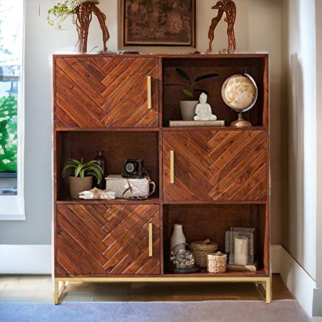 Bashar Brown Golden Finish Mango Wood & Iron Book Shelf