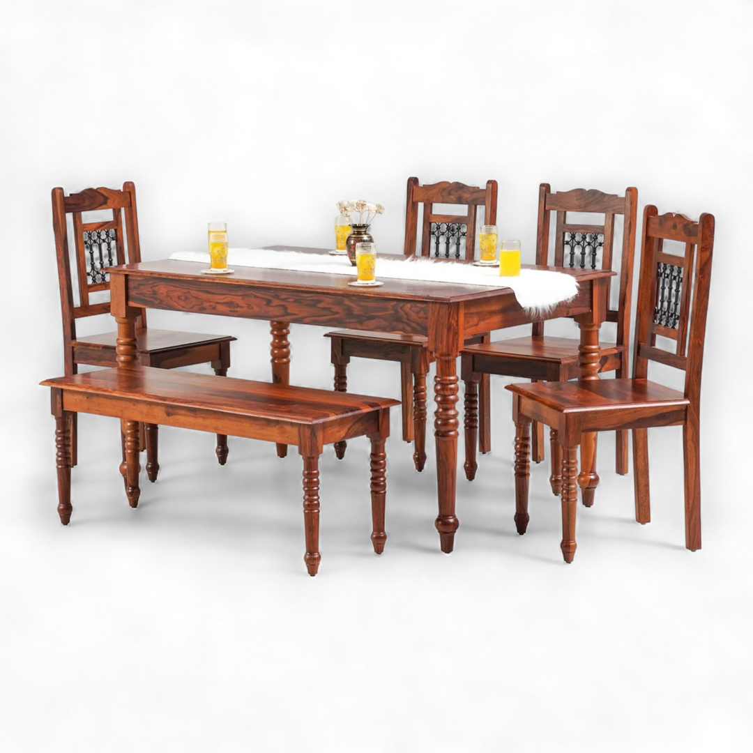 Bean 6 Seater Dining Set With 4 Chairs & Bench Honey 1